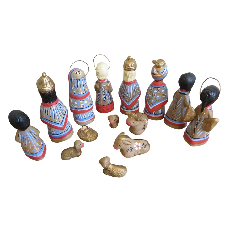 Vintage Hand Painted Clay Nativity Set 14 Piece Mexican Folk Art - Picture 3 of 6